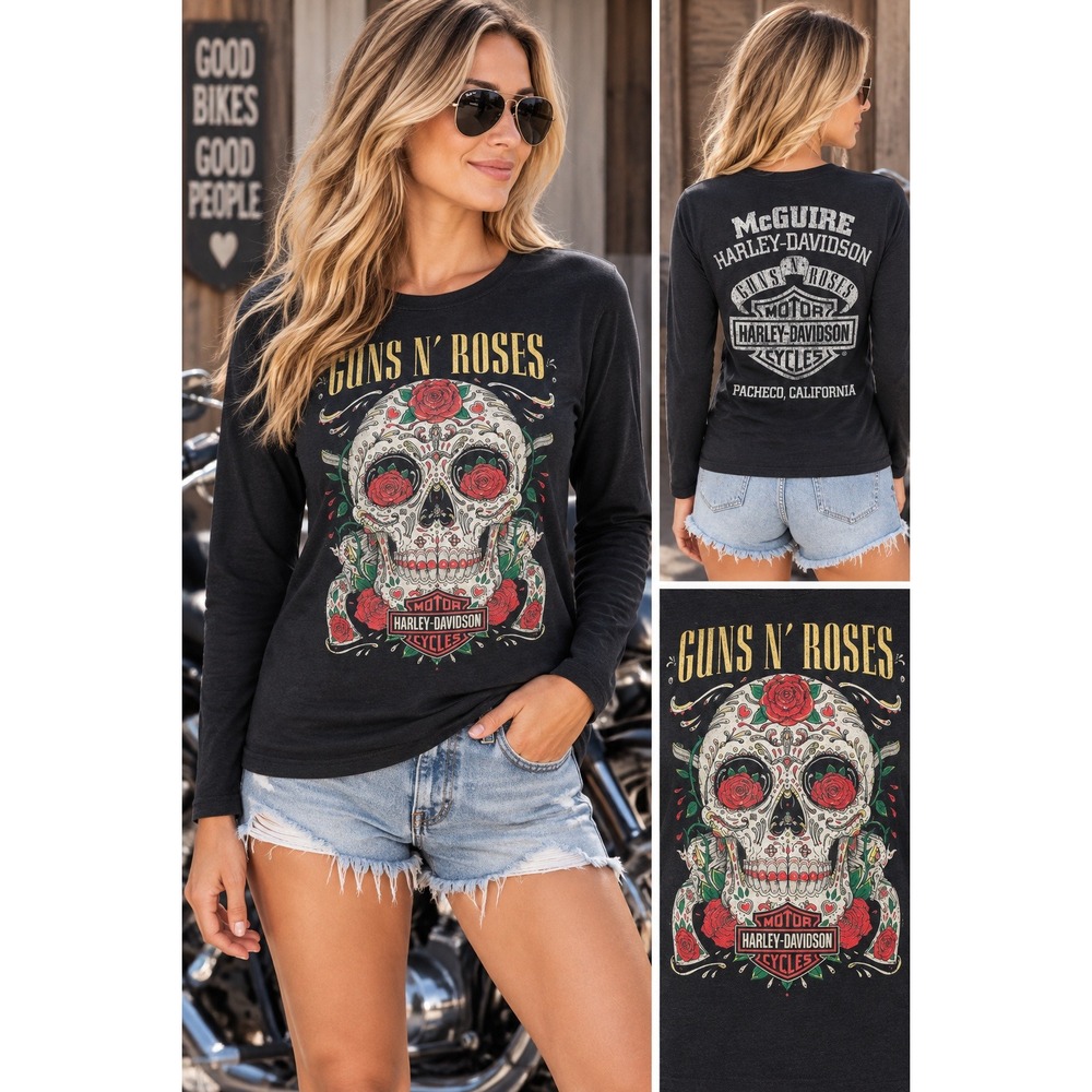 Harley-Davidson Guns N Roses Sugar Skull Long Sleeve Tee Black Womens Medium